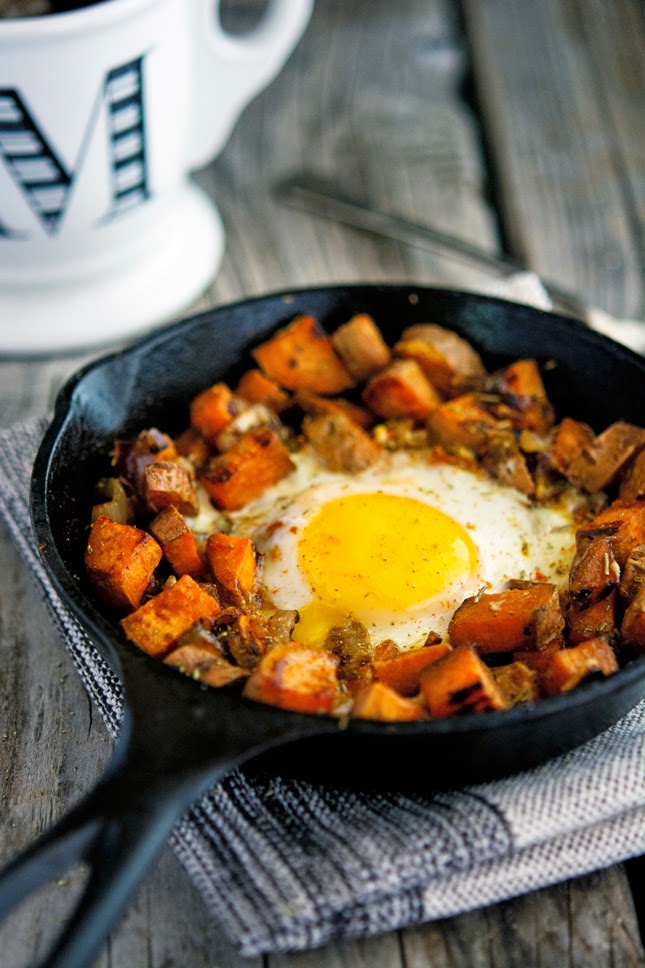 Sweet Potato and Caramelized Onion Hash with Baked Eggs