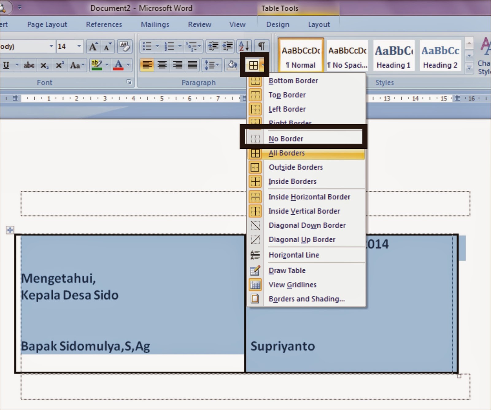 cara menghilangkan garis border tabel di microsoft word belajar