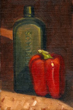Oil painting of a red pepper beside a green antique Schiedam schnapps bottle.