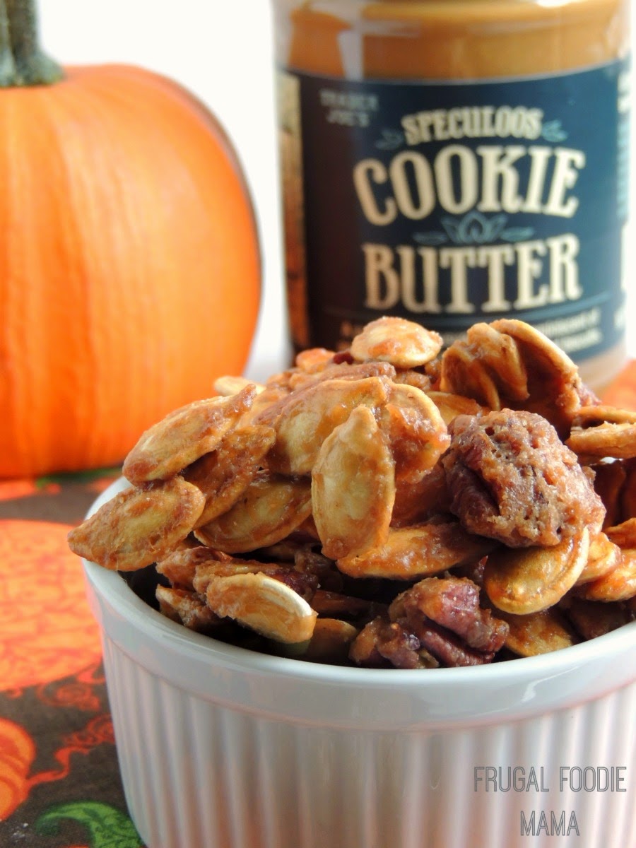 Cookie Butter Candied Pumpkin Seeds and Pecans via thefrugalfoodiemama.com - crunchy, sweet & salty!