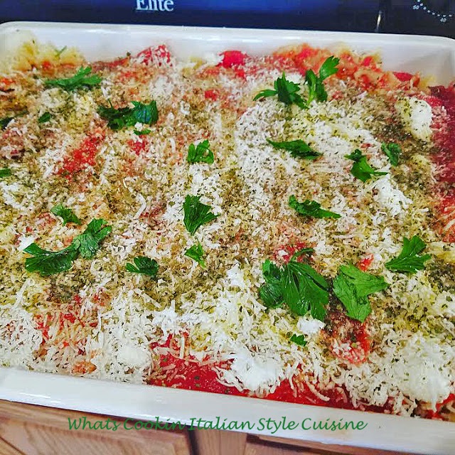 this is a homemade bow tie pasta made into lasagna in one big baking deep lasagna pan. This pasta is baked with ricotta cheese, crushed meatballs and sausage and lots of mozzarella layered and baked.