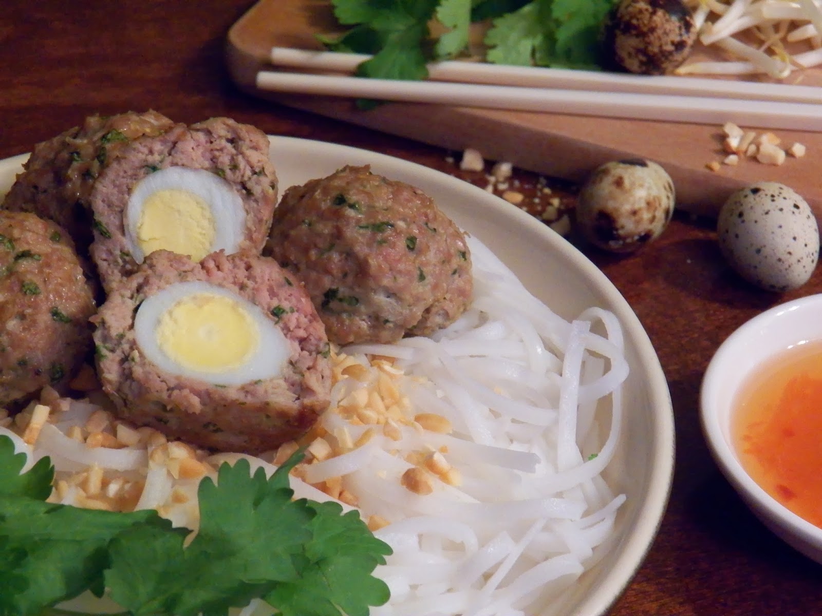 QUAIL EGG STUFFED PORK MEATBALLS WITH RICE NOODLES In Good Flavor