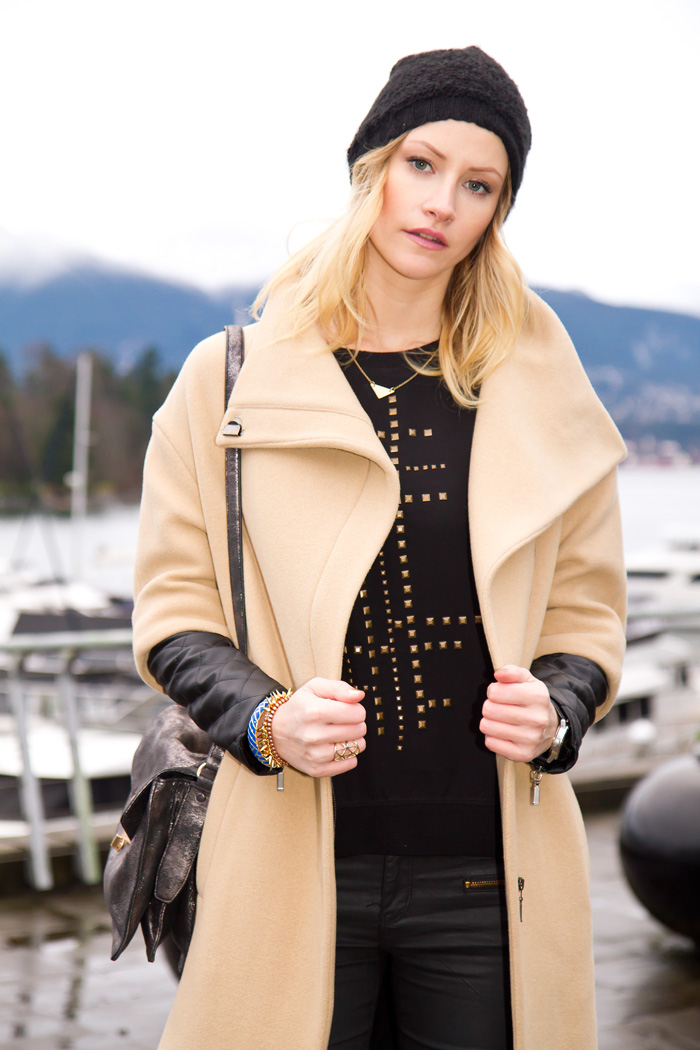 Vancouver Fashion Blogger, Alison Hutchinson, wearing Zara camel coat with leather sleeves, Zara black wax coated denim, Zara leopard print boots, Botkier silver treated leather bag, Stella and Dot renegade cluster bracelet, True Worth Design bronze bead bracelet, J Crew blue and gold bangle, Olivia Solie Jewelry triangle necklace
