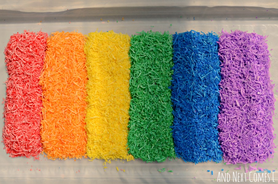 Rainbow shredded coconut for sensory play from And Next Comes L