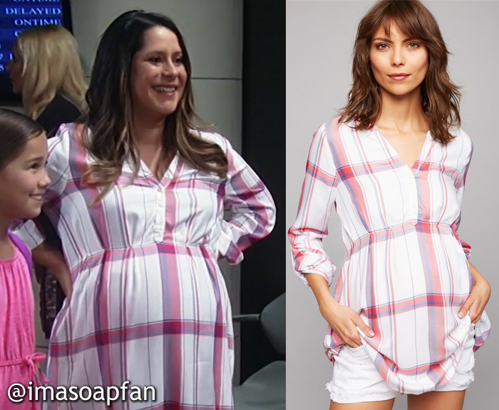 Robin Scorpio-Drake, Kimberly McCullough, Red, White, and Blue Plaid Maternity Tunic, A Pea in the Pod, GH, General Hospital, Season 55, Episode 05/18/17