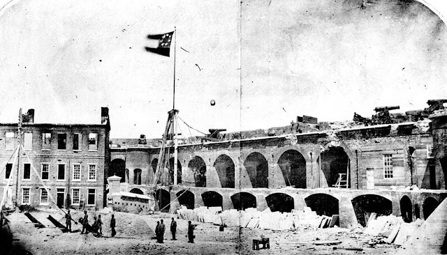 Fort Sumter, South Carolina, April, 1861, under the Confederate flag. The first shots of the Civil War took place here, on April 12, 1861, as Confederate batteries opened fire on the Union fort, bombarding it for 34 straight hours. On April 13, Union forces surrendered and evacuated the fort. Union forces made many attempts to retake the fort throughout the war, but only took possession on February 22, 1865, after Confederate forces had evacuated Charleston.