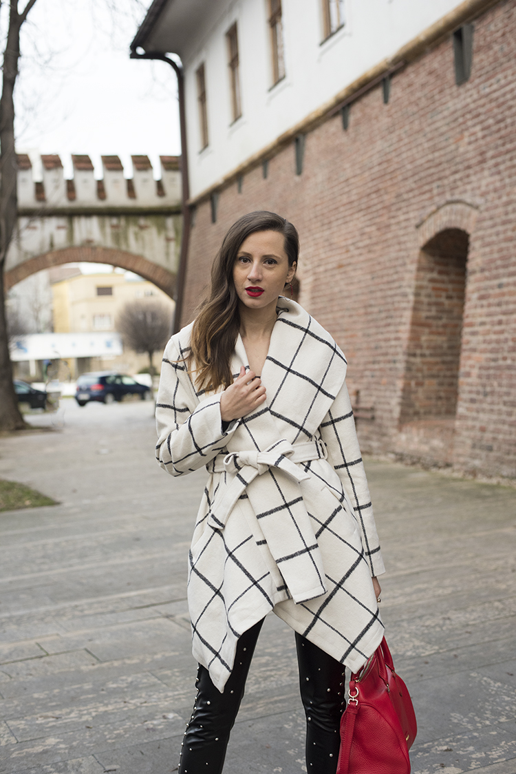 White Grid Winter Coat Studs Pearls Leather Leggings White Grid Winter Coat Studs Pearls Leather Leggings