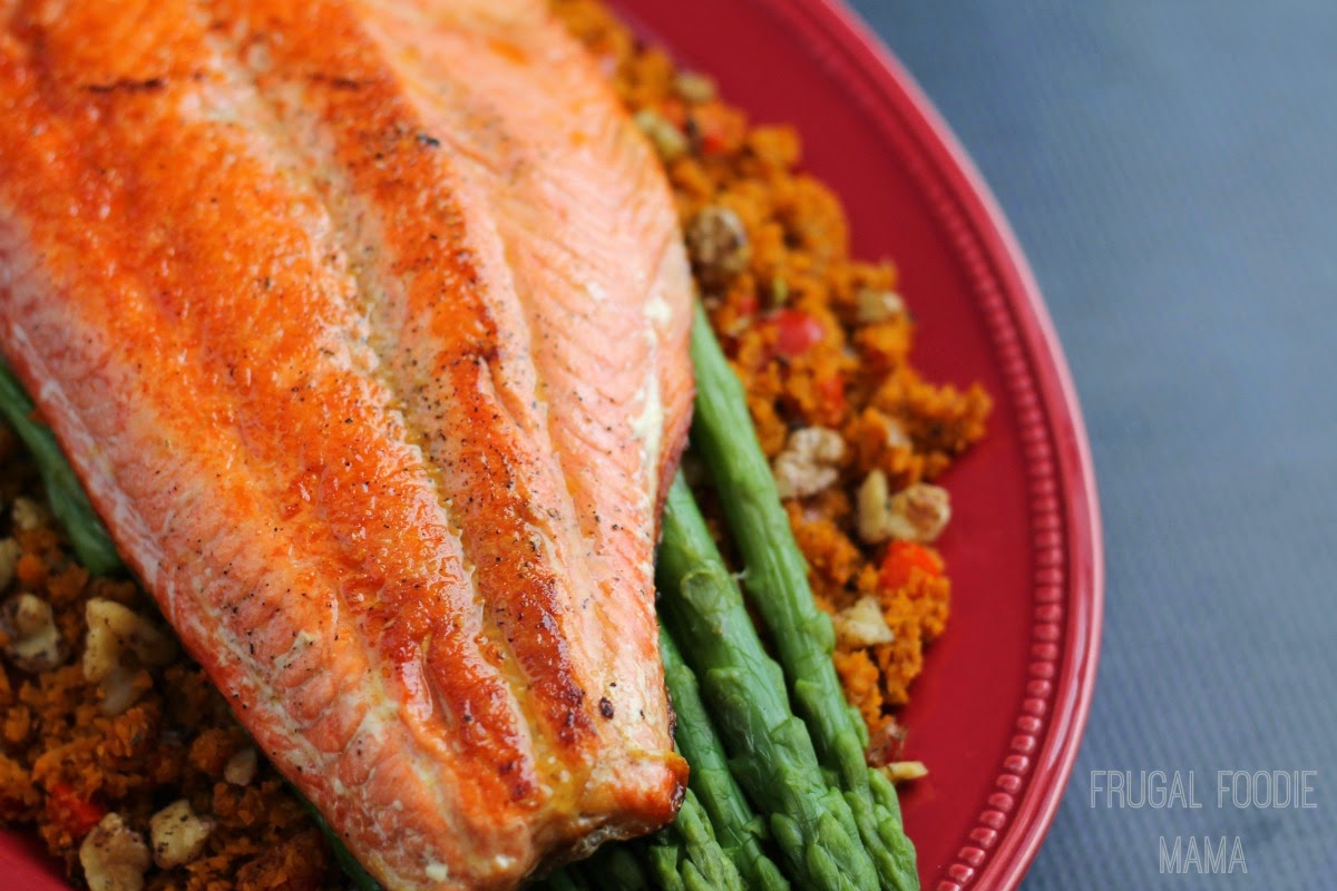 Pan Seared Salmon with Asparagus & Sweet Potato "Rice"- a heart healthy & flavorful dinner recipe