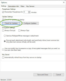 Screen shot showing how to update Encryptomatic OpenPGP for MS Outlook from within the software.