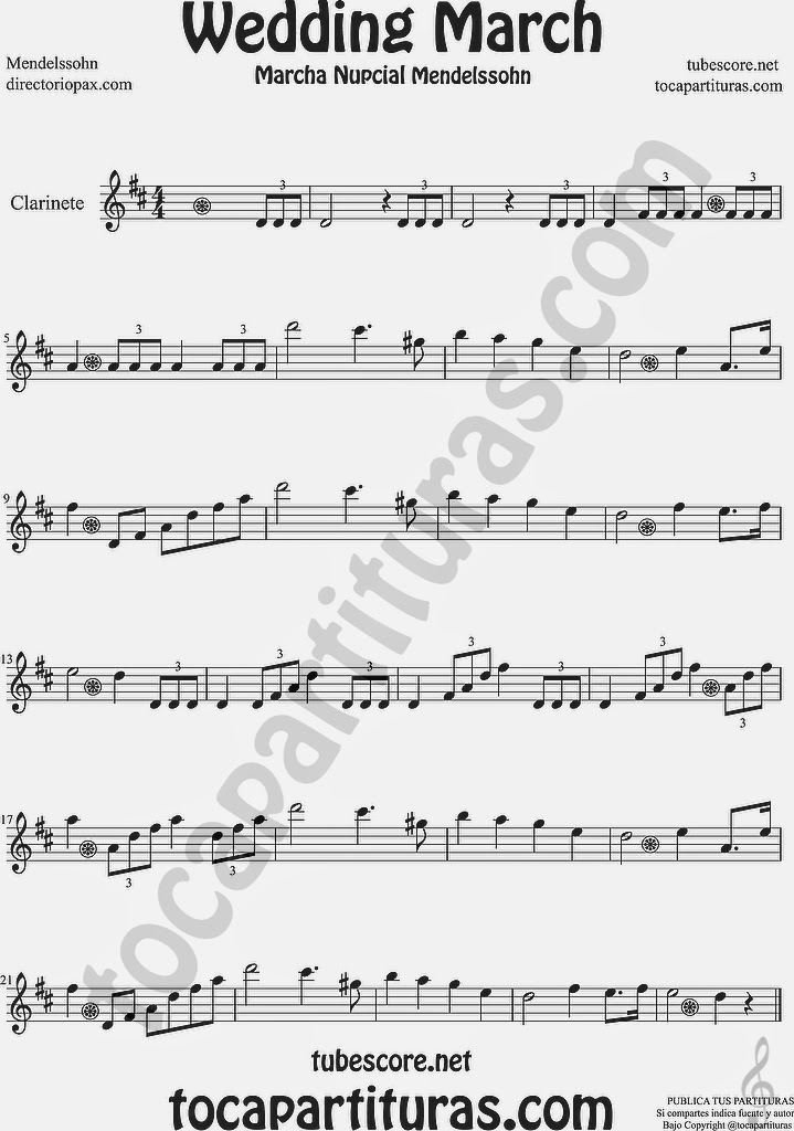Marcha Nupcial Partitura de Clarinete Sheet Music for Clarinet Music Score Wedding March by Mendelssohn