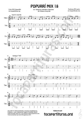 Tablatura y Partitura de Guitarra Popurrí Mix 18 Aserrín Aserrán Infantil, Cantiga nº 100 y Waltzing Matilda Tablature Sheet Music for Guitar Music Score Tabs