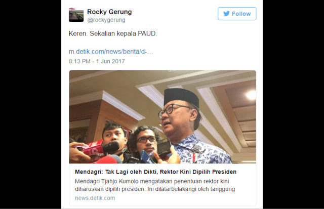 Mendagri: Rektor Kini Dipilih Presiden, Rocky Gerung: Keren, Sekalian Kepala PAUD