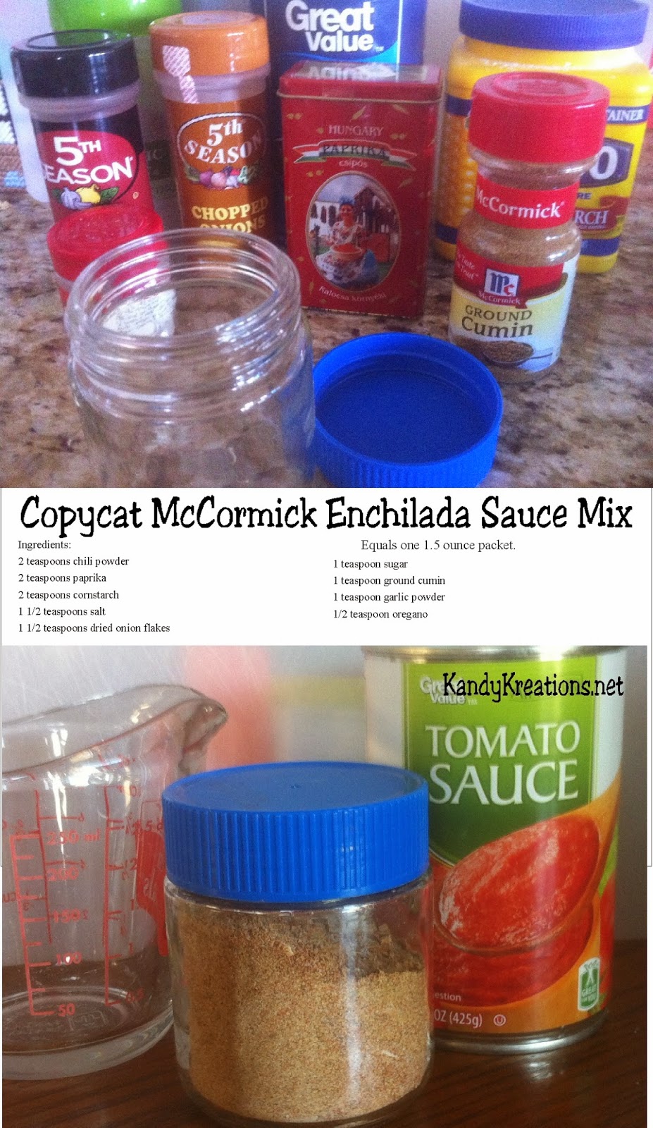 Save money and eat healthier with this copycat version of McCormick's Enchilada Sauce Mix.  Using items you probably already have in your kitchen, you can make a delicious enchilada sauce mix that saves a trip to the store.