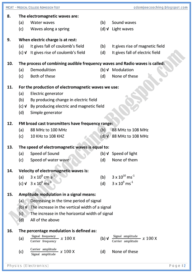 Adamjee Coaching MCAT Physics Electronics Mcqs For Medical Entry Test