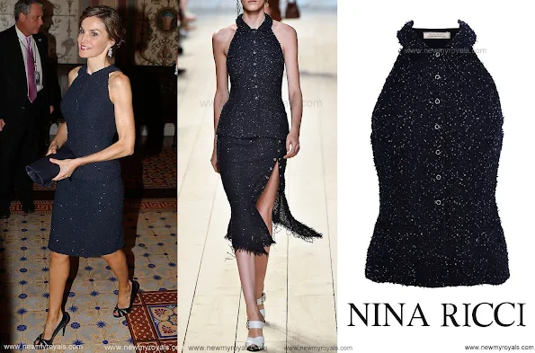 Queen Letizia Style - Nina Ricci Spring 2015 Marine Fonce Sleeveless Sequined Tweed Jacket - Dress