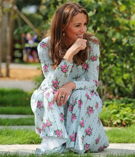 Kate Middleton wore Emilia Wickstead Aurora belted floral-print Swiss-dot cotton-blend seersucker dress and Monsoon fleur wedges