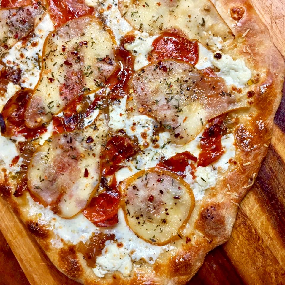 Haute + Heirloom Maple Roasted Pear Pizza with Pistachio Olive Oil