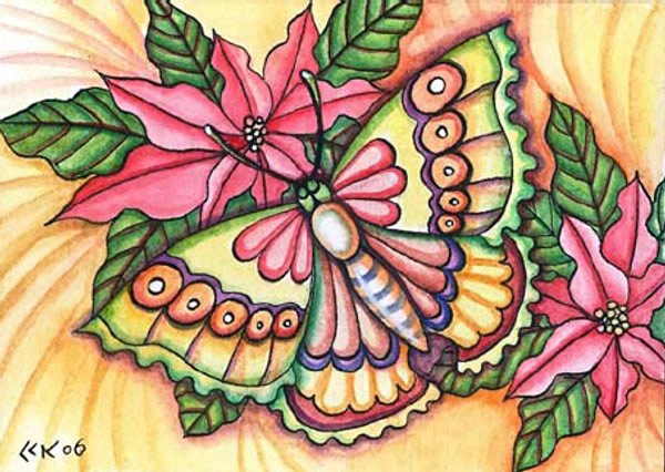 Tegning af julestjerne og sommerfugl
