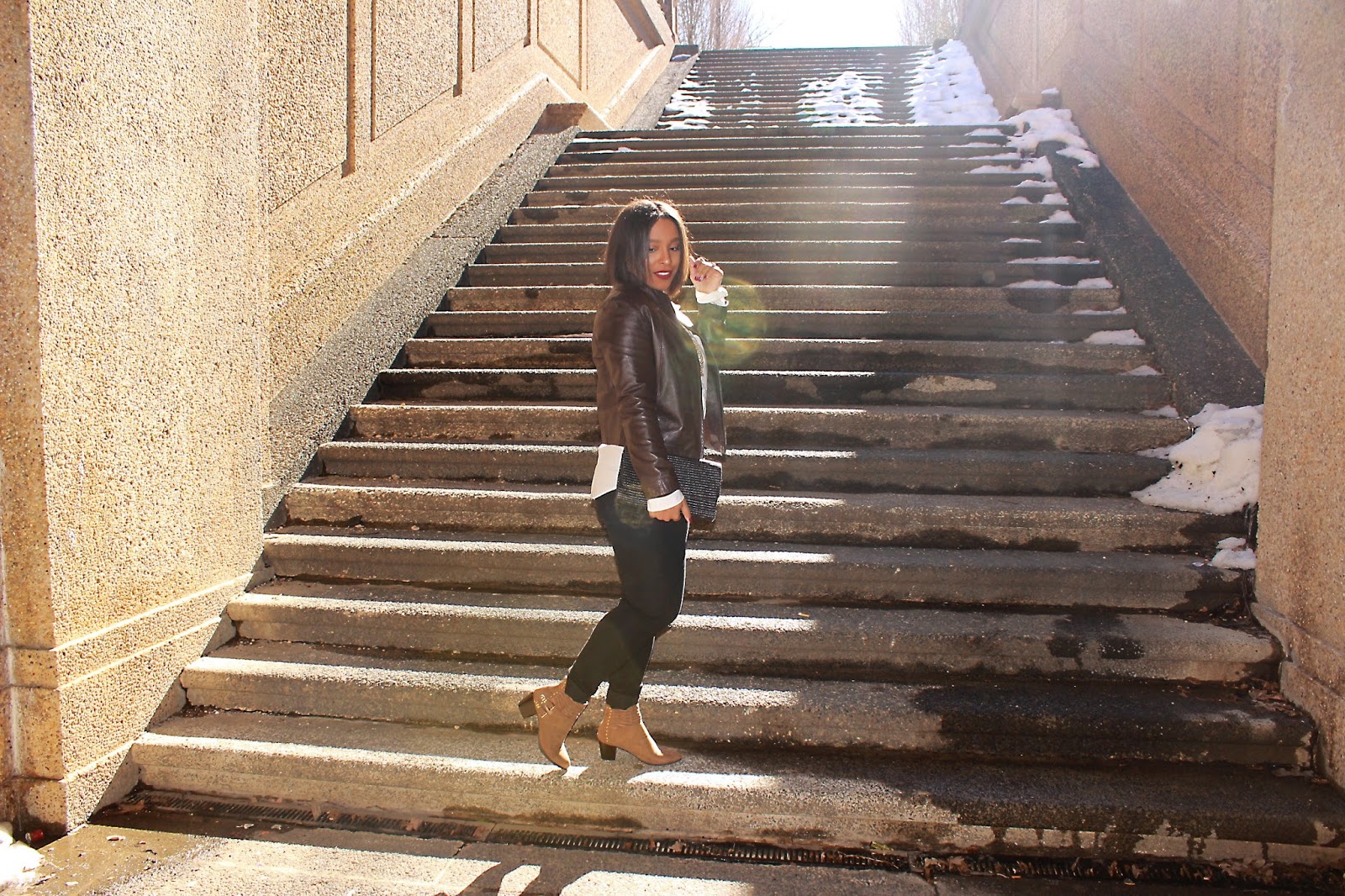 faux leather, jacket, brown jacket, white button down, shoedazzle, booties, wearing black and brown, fashion, outfits