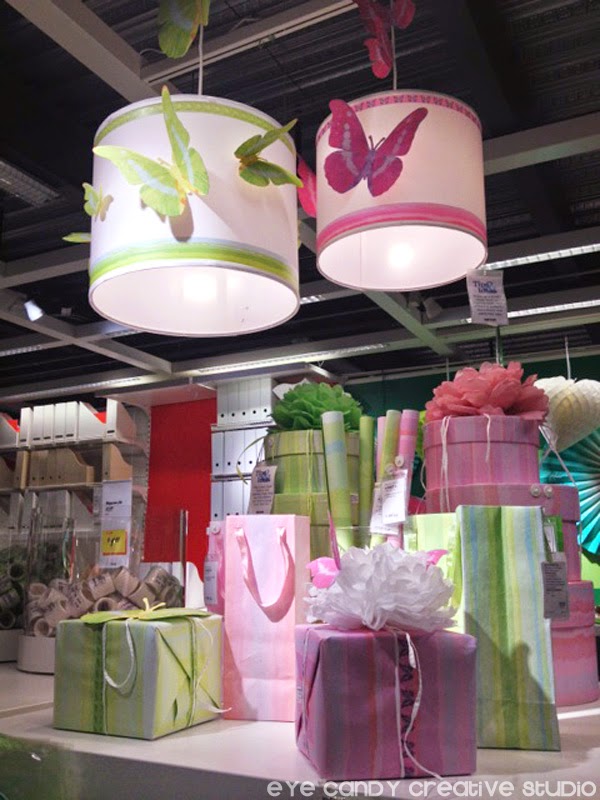 IKEA party decor, butterflies, lampshades, pink & green, gift wrap, gift bags