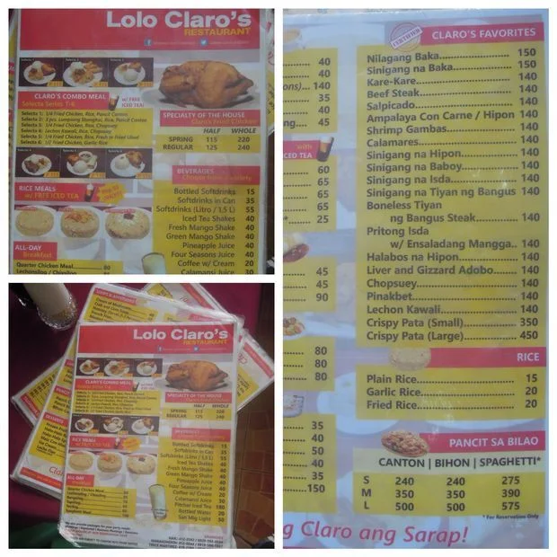 The menu of Lolo Claro’s Restaurant