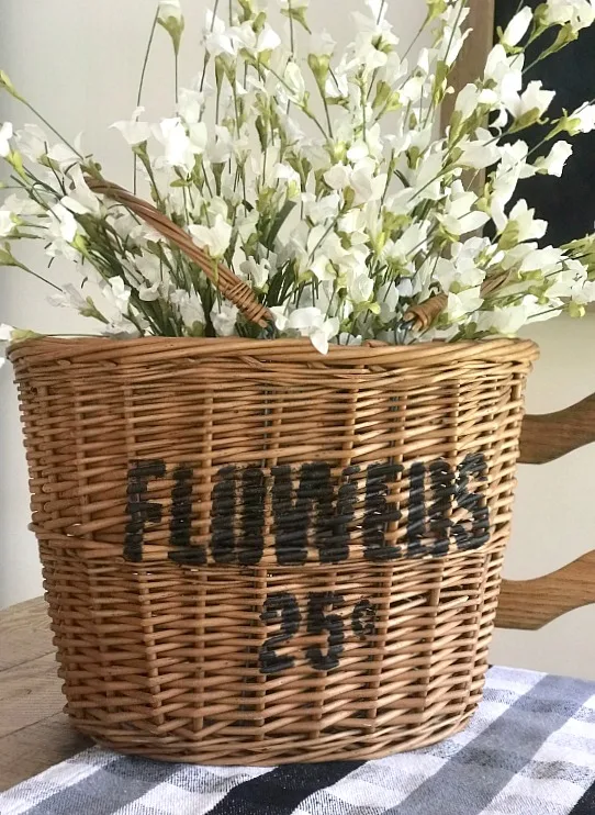 DIY Thrift store basket full of flower with flower stencil