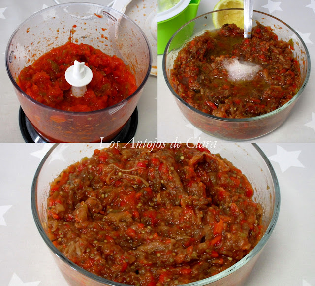 Preparación baba ganoush con pimientos asados 