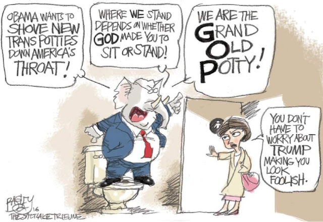 Republican Elephant standing on toilet as woman enters the rest room:  