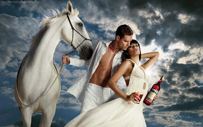 Romantic couple with white horse and campari cocktails