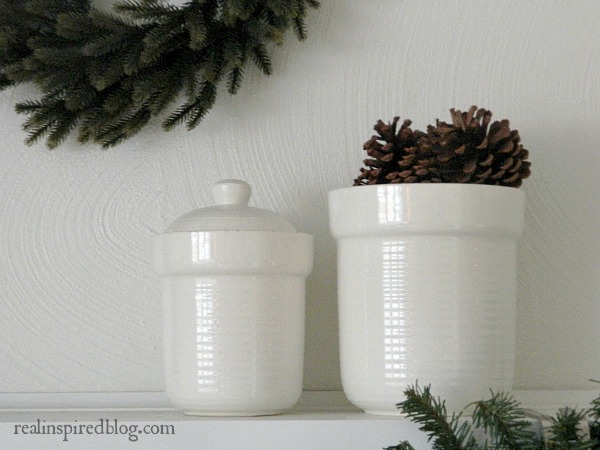 Rustic Green and neutral Christmas Home Tour 2015 with greenery, pinecones, white crocks