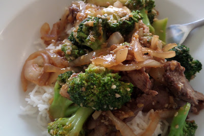 Beef and Broccoli Stir Fry:  Savory beef and crisp broccoli served over rice.