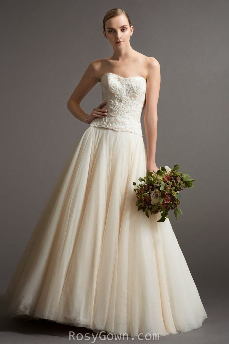 Romantic Blush Strapless Sweetheart Lace Bodice Bridal Gown-1