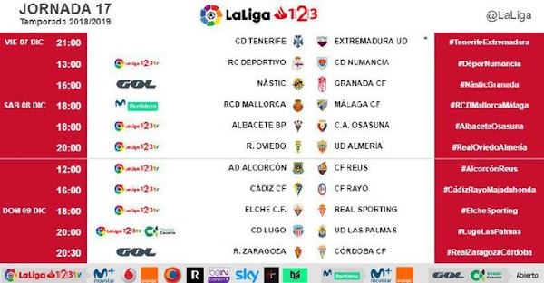 LaLiga 1|2|3 2018/2019, horarios oficiales de la jornada 17