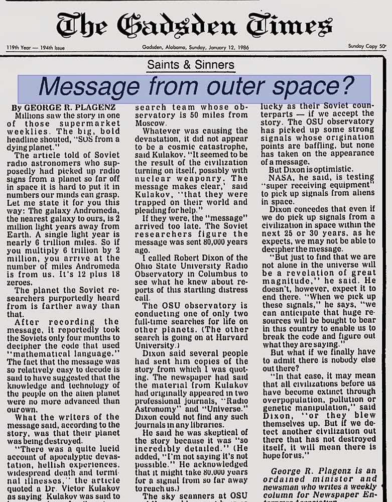 Jornal Gadsden Times - Mensagem do espaço