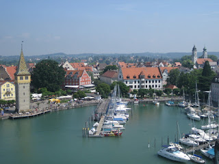 View of Lindau, from the Mangturm to the church towers, from the new lighthouse, Lindau, Germany