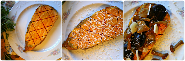 Batata asada con setas y parmesano: Montaje del plato