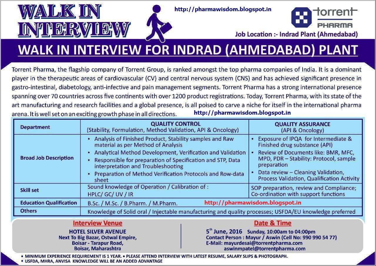 Torrent PHARMA WalkIn Interview on 5th June, 2016 PHARMA WISDOM