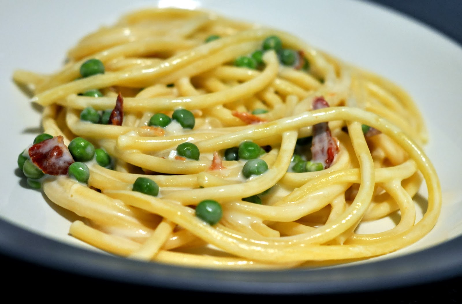 Creamy Parmesan Pasta with Peas and Bacon | Taste As You Go