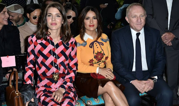 Charlotte Casiraghi and Salma Hayek attend the Gucci show during the Milan Fashion Week Spring/Summer 2016