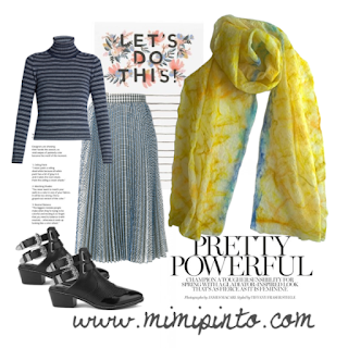 Grey tee and pleated skirt with Sunshine Yellow scarf by Mimi Pinto