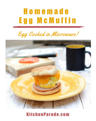 Homemade Egg McMuffin ♥ KitchenParade.com, the egg is cooked in the microwave, creating a tender, tasty round just the right size to tuck into an English Muffin with cheese and Canadian bacon.