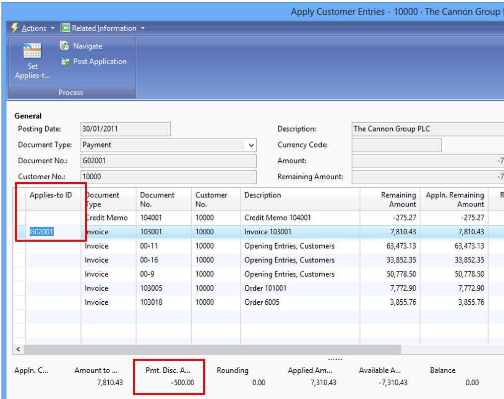 Dynamics NAV How To Applying payment discount using ‘Remaining Pmt. Disc. Possible’ under