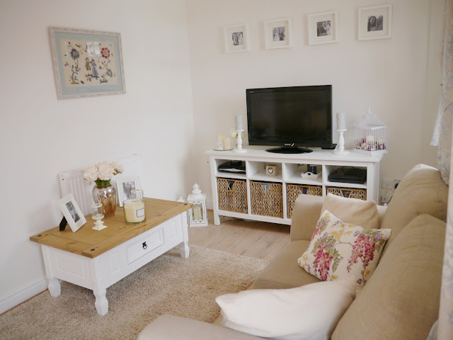 Before and after pictures showing how we transformed our dingy, small brightly-coloured lounge into a bright and airy living room using neutral coloured paint and accessories 