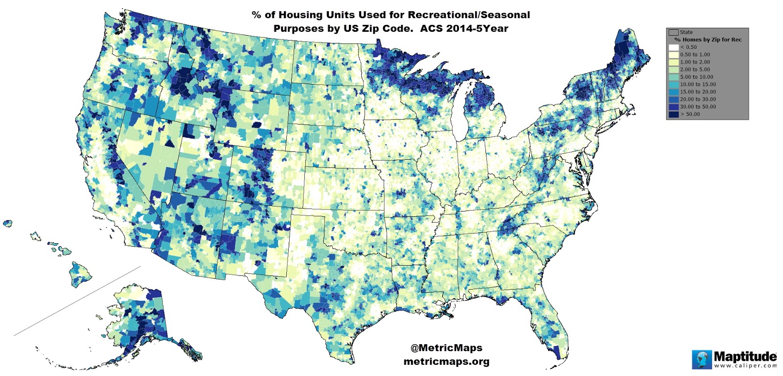  of housing units used for Recreational/Seasonal purposes by US Zip