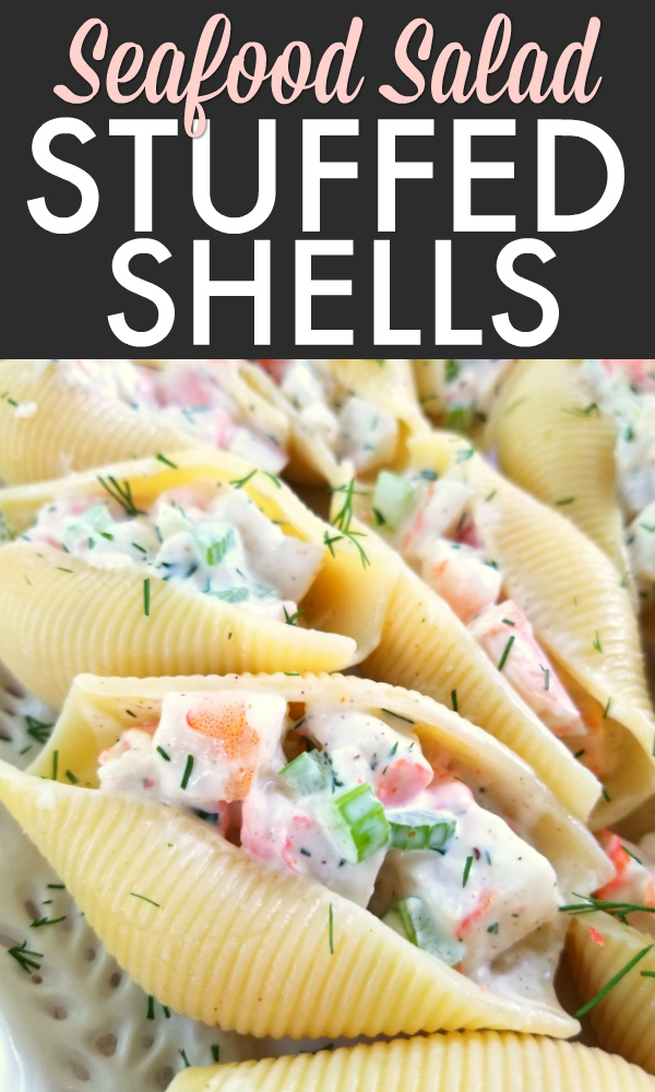 Individual seafood pasta salad servings made with jumbo pasta shells filled with an easy homemade recipe for seafood salad perfect for entertaining and lunch on the go!