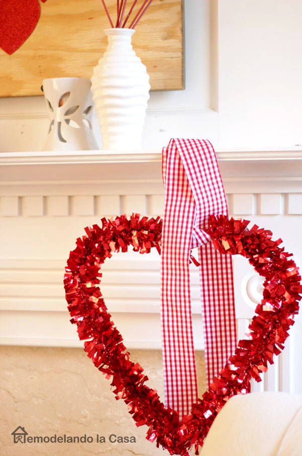 tinsel wrapped red heart from dollar tree store