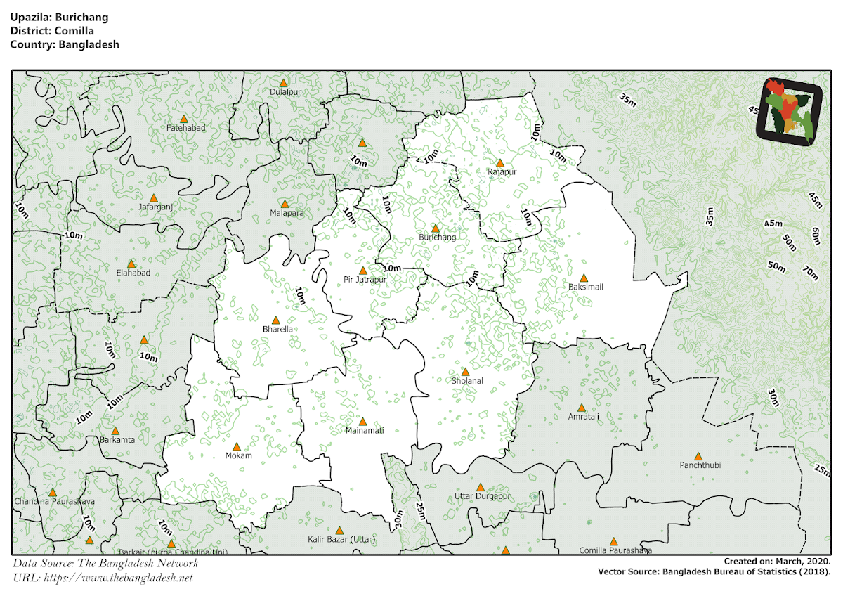 Burichang Upazila Elevation Map Comilla District Bangladesh