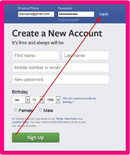P or in com facebook sign up www log