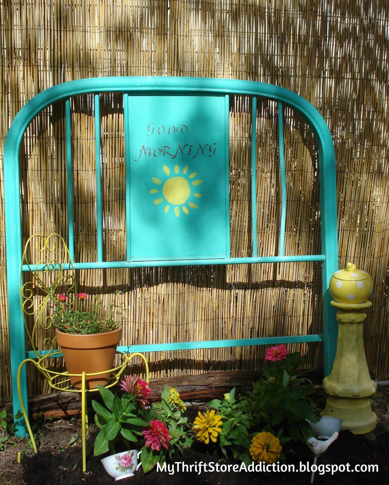 Repurposed headboard garden trellis