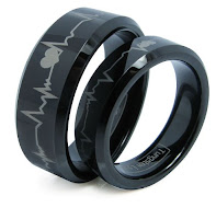 His and  Hers Black Tungsten Carbide Rings Set with Forever Love Design front